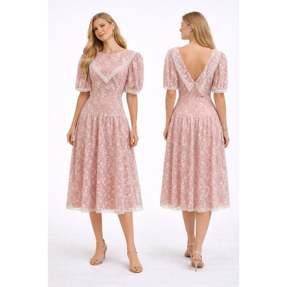 Gunne Sax Dresses & Skirts - Vintage Gunne Sax Pink Lace & Satin Prairie Dress | Puff Sleeves